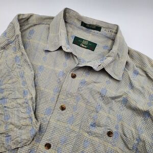 Orvis Mens Large Short Sleeve Button Down Shirt Tan Blue Cotton Geometric Check